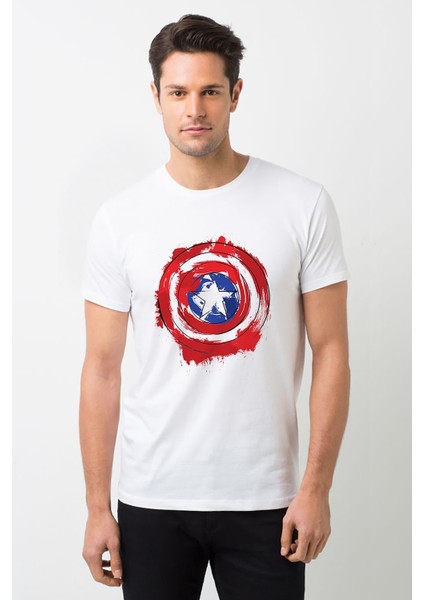 Captain America Shield Baskılı Beyaz Erkek Örme Tshirt