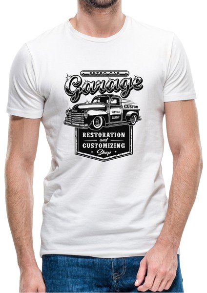 Retro Car Garage Baskılı Beyaz Erkek Örme Tshirt