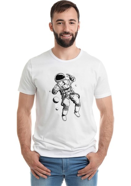 Astronot Uzay Boşluğu Baskılı Beyaz Erkek Örme Tshirt