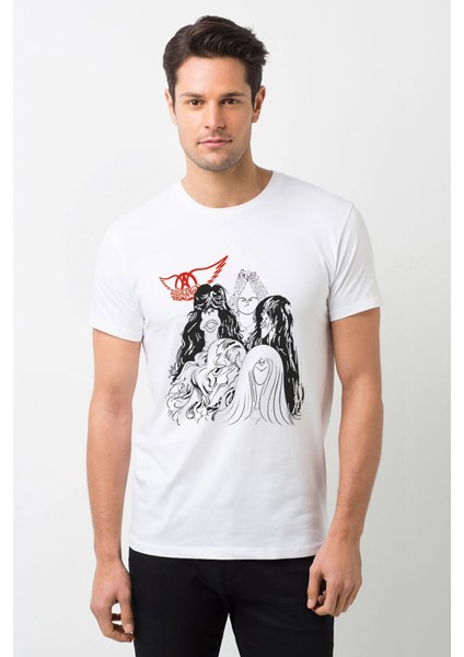 Aerosmith Hard Rock Rock And Roll Baskılı Beyaz Erkek Örme Tshirt