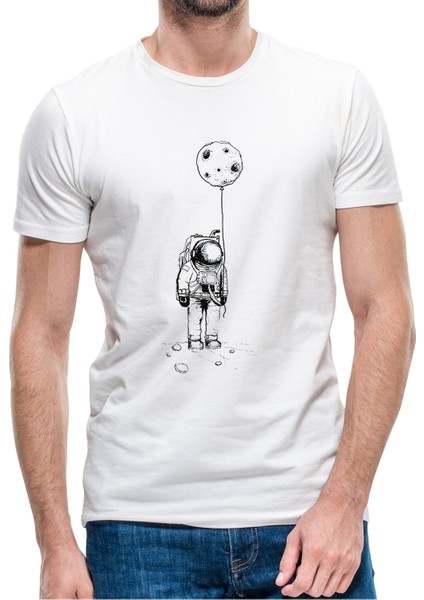 Astronot Uzay Balon Ay Baskılı Beyaz Erkek Örme Tshirt