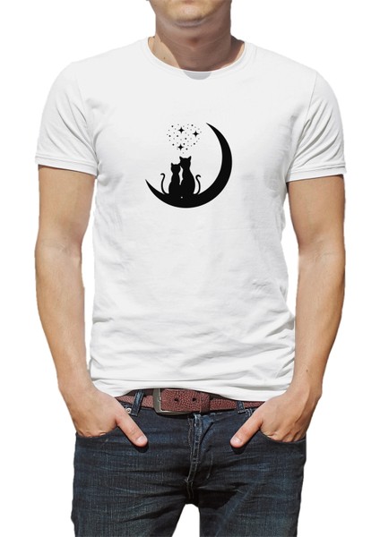 Kediler Aşk Ay Yıldızlar Baskılı Beyaz Erkek Örme Tshirt