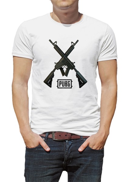 Pubg M416 Baskılı Beyaz Erkek Örme Tshirt