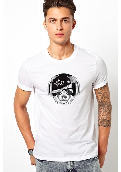 Gözlüklü Kulaklık ve Hip Hop Şapkalı Baskılı Beyaz Erkek Örme Tshirt