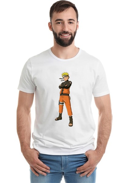 Anime Naruto Headband Shıppuuden Baskılı Beyaz Erkek Örme Tshirt