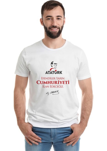 29 Ekim Cumhuriyetin Ilanı Baskılı Beyaz Erkek Örme Tshirt