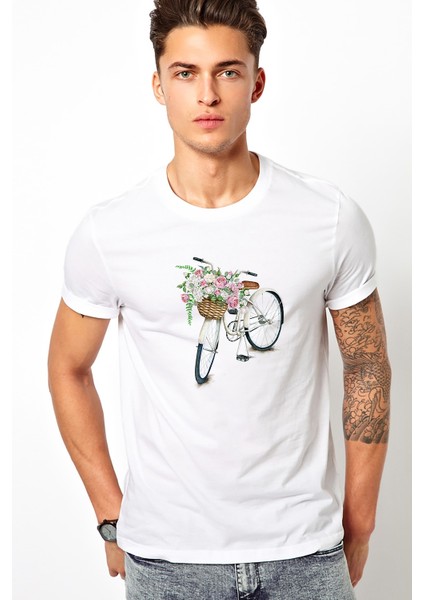 Sepetli Bisiklet Baskılı Beyaz Erkek Örme Tshirt