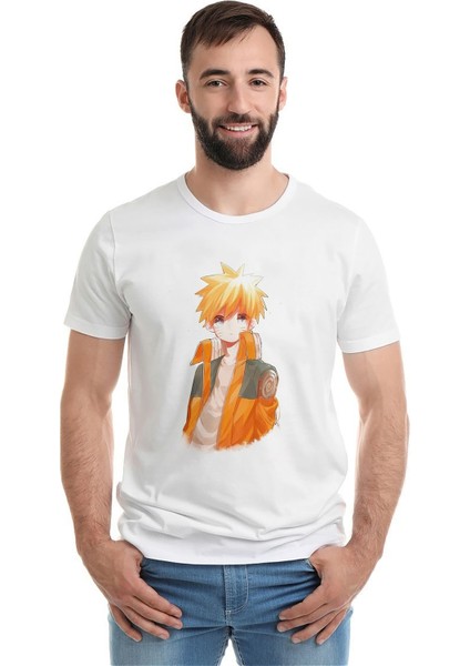 Anime Naruto Baskılı Beyaz Erkek Örme Tshirt