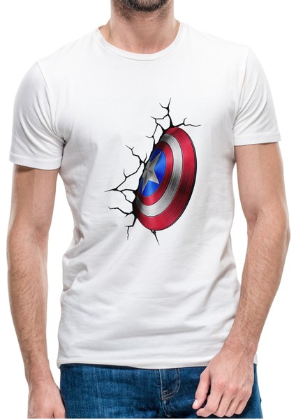 Captain America Shield Wall Baskılı Beyaz Erkek Örme Tshirt