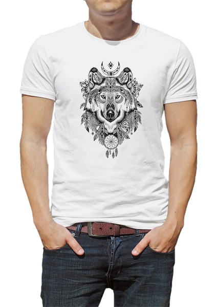 Siyah Kurt Illüstrasyon Gri Kurt Tişört Baskılı Beyaz Erkek Örme Tshirt