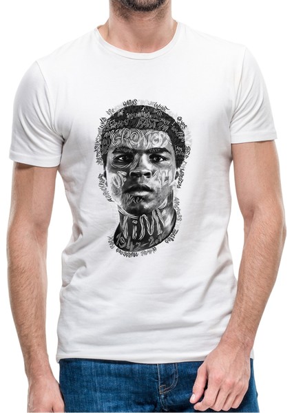 Muhammed Ali Illustrator Baskılı Beyaz Erkek Örme Tshirt