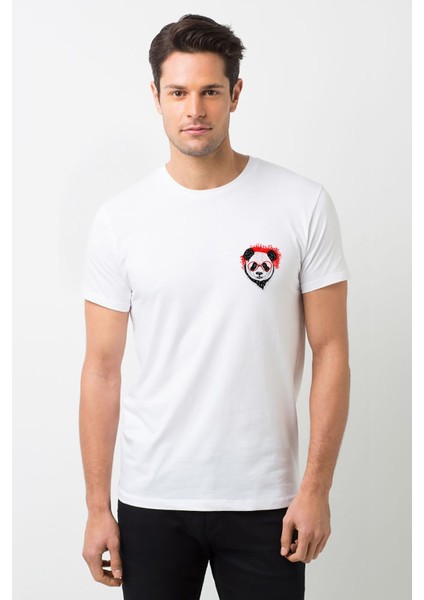Gözlüklü Panda Cep Baskılı Beyaz Erkek Örme Tshirt