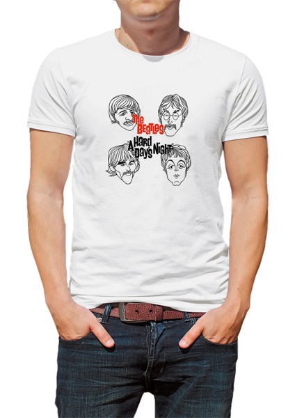 The Beatles Baskılı Beyaz Erkek Örme Tshirt