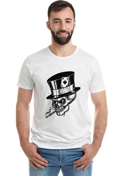 Gamblıng Smoke Skull Baskılı Beyaz Erkek Örme Tshirt
