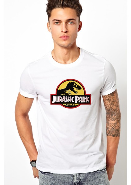 Jurassic Park Logo Black Yellow Red Baskılı Beyaz Erkek Örme Tshirt