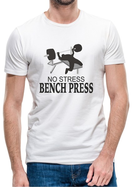 No Stress Bench Press Baskılı Beyaz Erkek Örme Tshirt