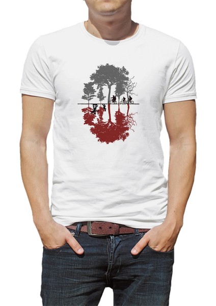 Stranger Things Looking For The Upside Baskılı Beyaz Erkek Örme Tshirt