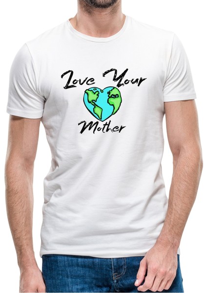 Mother Earth Love Your Mother Baskılı Beyaz Erkek Örme Tshirt