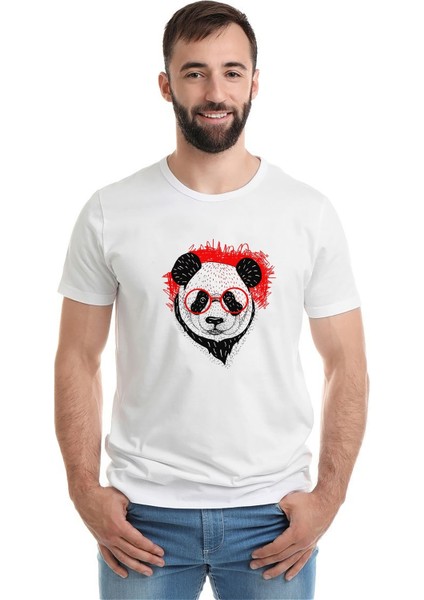 Gözlüklü Panda Baskılı Beyaz Erkek Örme Tshirt