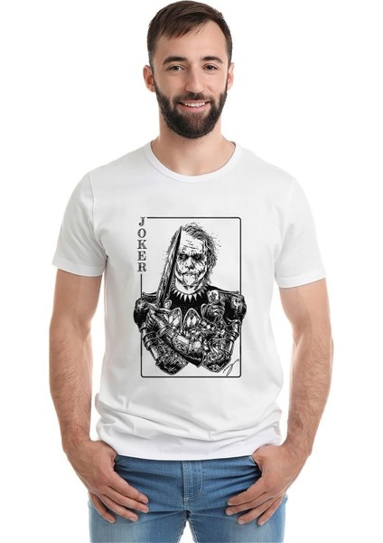 Gambling Joker Sword Baskılı Beyaz Erkek Örme Tshirt