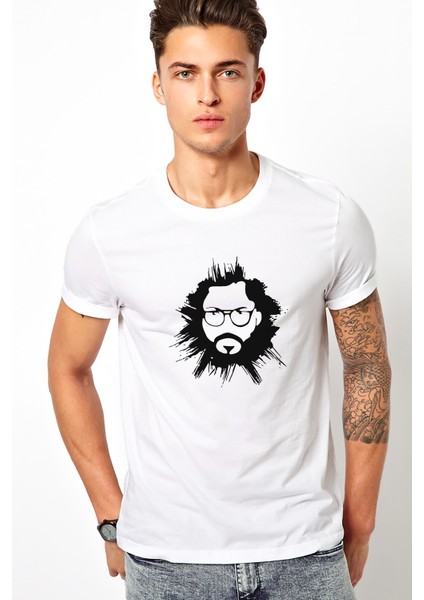La Case De Papel El Profesor Baskılı Beyaz Erkek Örme Tshirt