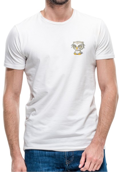 Bitkin Uykusuz Yorgun Baykuş Göğüs Baskılı Beyaz Erkek Örme Tshirt