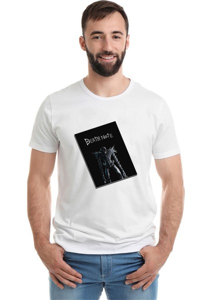 Anime Note Death Baskılı Beyaz Erkek Örme Tshirt