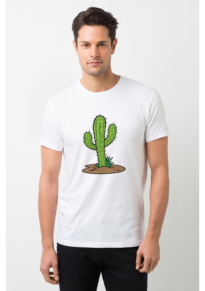 Kaktüs Cactus Baskılı Beyaz Erkek Örme Tshirt