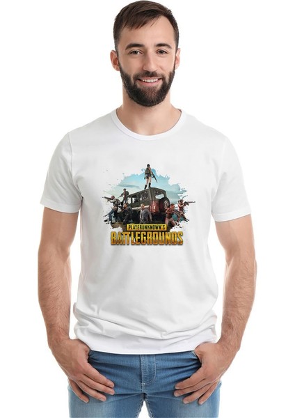 Pubg Baskılı Beyaz Erkek Örme Tshirt