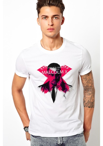 Malcolm x El Shabazz Baskılı Beyaz Erkek Örme Tshirt
