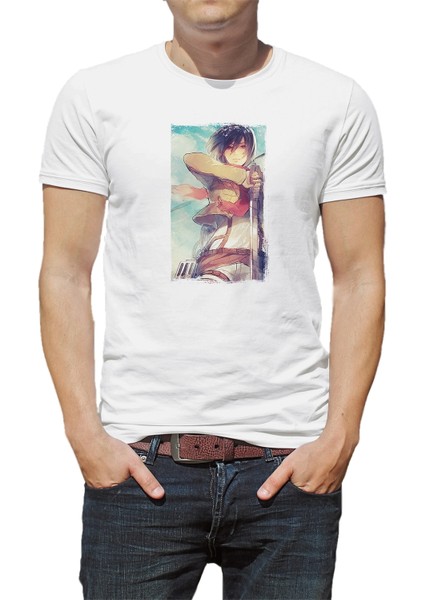Anime Attack On Titan Baskılı Beyaz Erkek Örme Tshirt