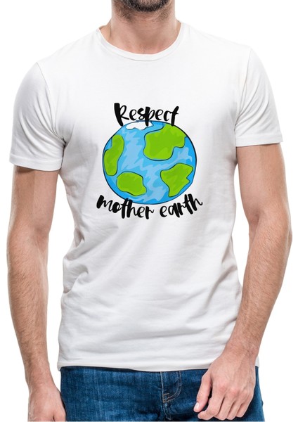 Respect Mother Earth Baskılı Beyaz Erkek Örme Tshirt