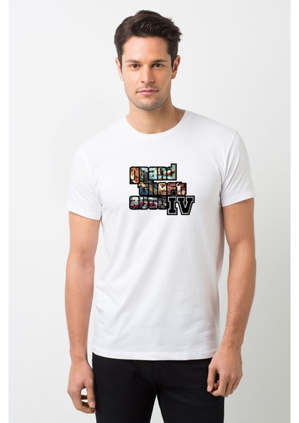 Gta V Yazı ve Logo Erkek Beyaz Tshirt