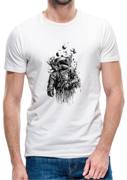 Astronot Uzay Akvaryum Baskılı Beyaz Erkek Örme Tshirt