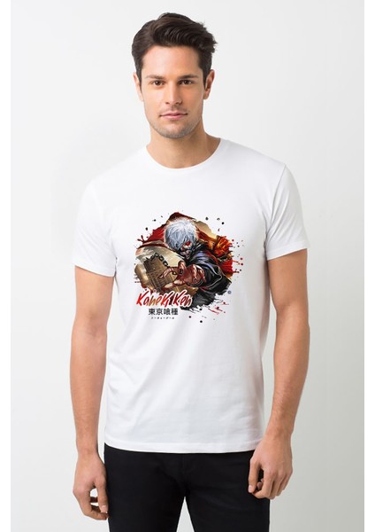 Anime Tokyo Ghoul Kaneki Manga Baskılı Beyaz Erkek Örme Tshirt