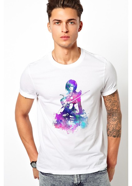 Anime Attack On Titan Baskılı Beyaz Erkek Örme Tshirt