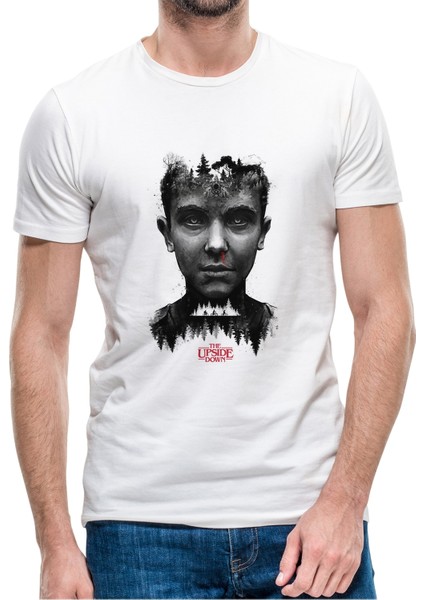 Stranger Things The Upside Down Baskılı Beyaz Erkek Örme Tshirt