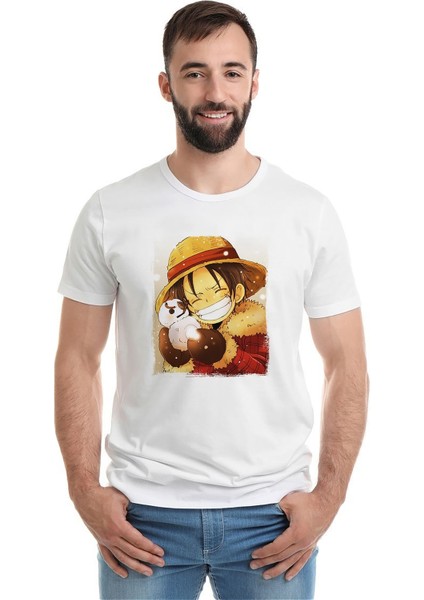 Anime One Piece Luffy Straw Hat Baskılı Beyaz Erkek Örme Tshirt