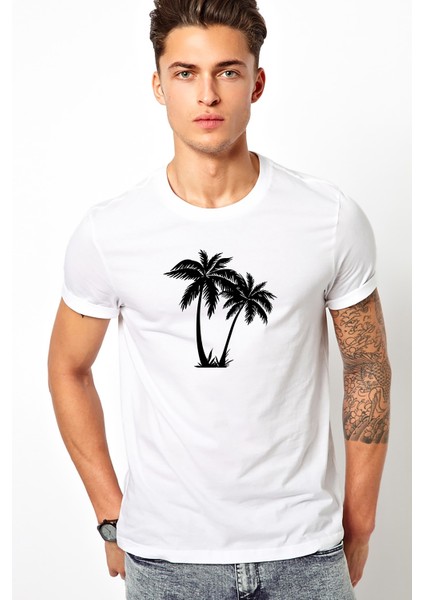 Silhouette Palm Trees Erkek Beyaz Tshirt
