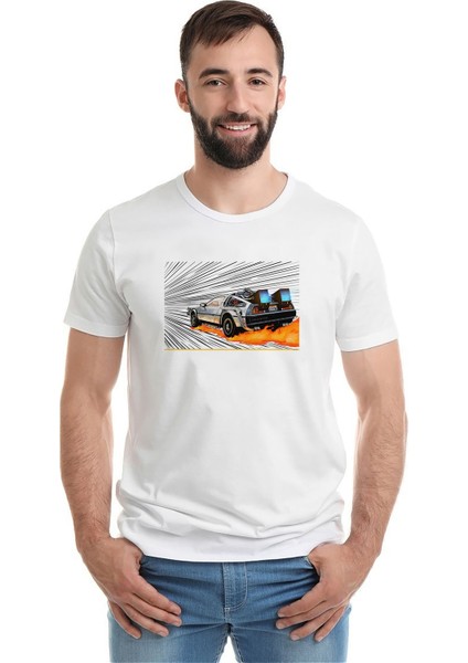 Back To The Future Car Baskılı Beyaz Erkek Örme Tshirt