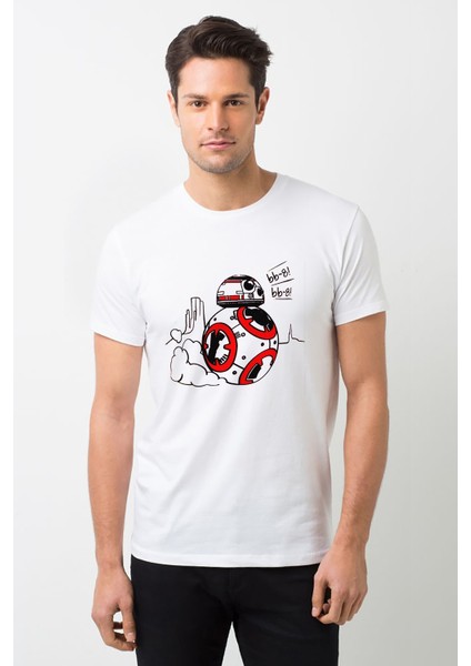Star Wars Bb 8 Keçeli Baskılı Beyaz Erkek Örme Tshirt