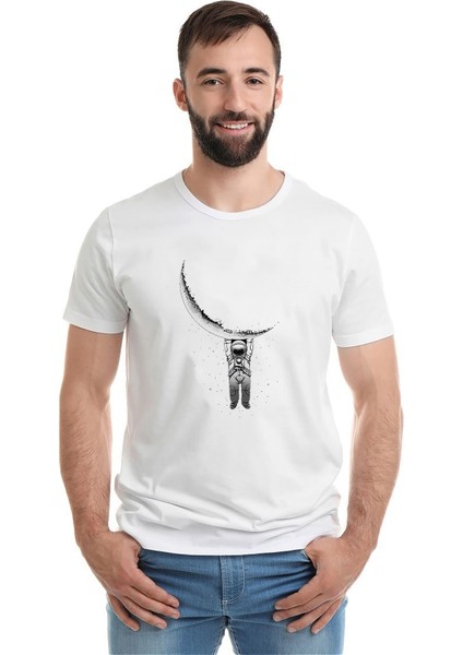 Astronot Aya Asılı Astronot Baskılı Beyaz Erkek Örme Tshirt