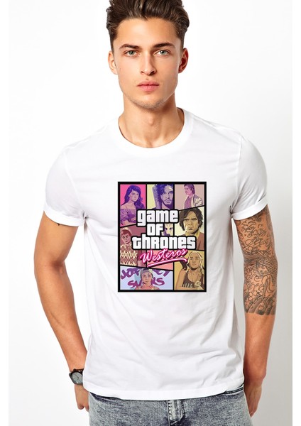 Game Of Thrones Comic Baskılı Beyaz Erkek Örme Tshirt