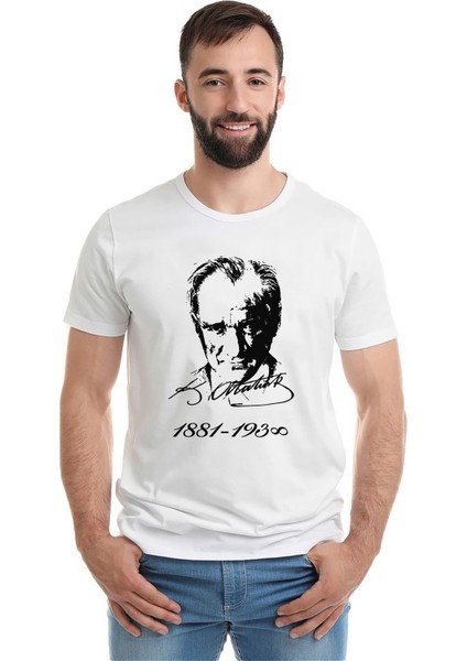 K Atatürk Imza 1881 1938 Baskılı Beyaz Erkek Örme Tshirt