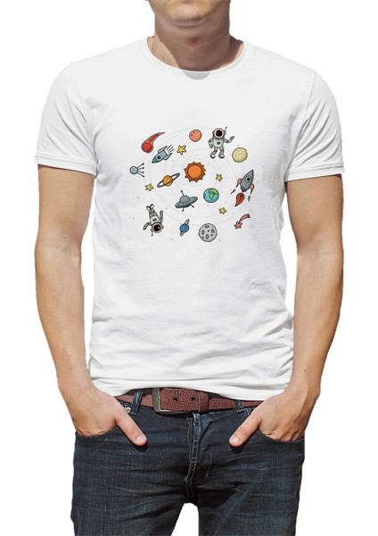 Uzay Astronomi Çocuk Baskılı Beyaz Erkek Örme Tshirt