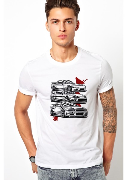Nissan Skyline R34 Gtr Toyota Supra Baskılı Beyaz Erkek Örme Tshirt