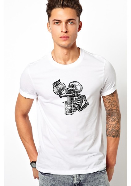 Beer Kuru Kafa Baskılı Beyaz Erkek Örme Tshirt