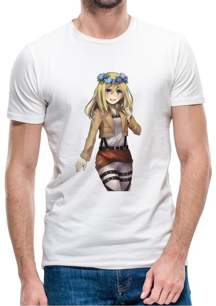 Anime Attack On Titan Baskılı Beyaz Erkek Örme Tshirt