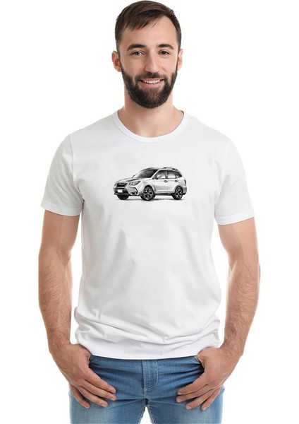 Subaru Forester Baskılı Beyaz Erkek Örme Tshirt