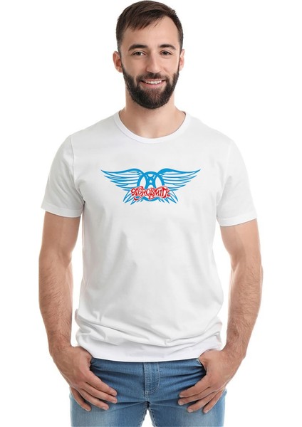 Aerosmith Hard Rock Rock And Roll Baskılı Beyaz Erkek Örme Tshirt